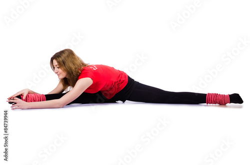 Woman doing exercises on white