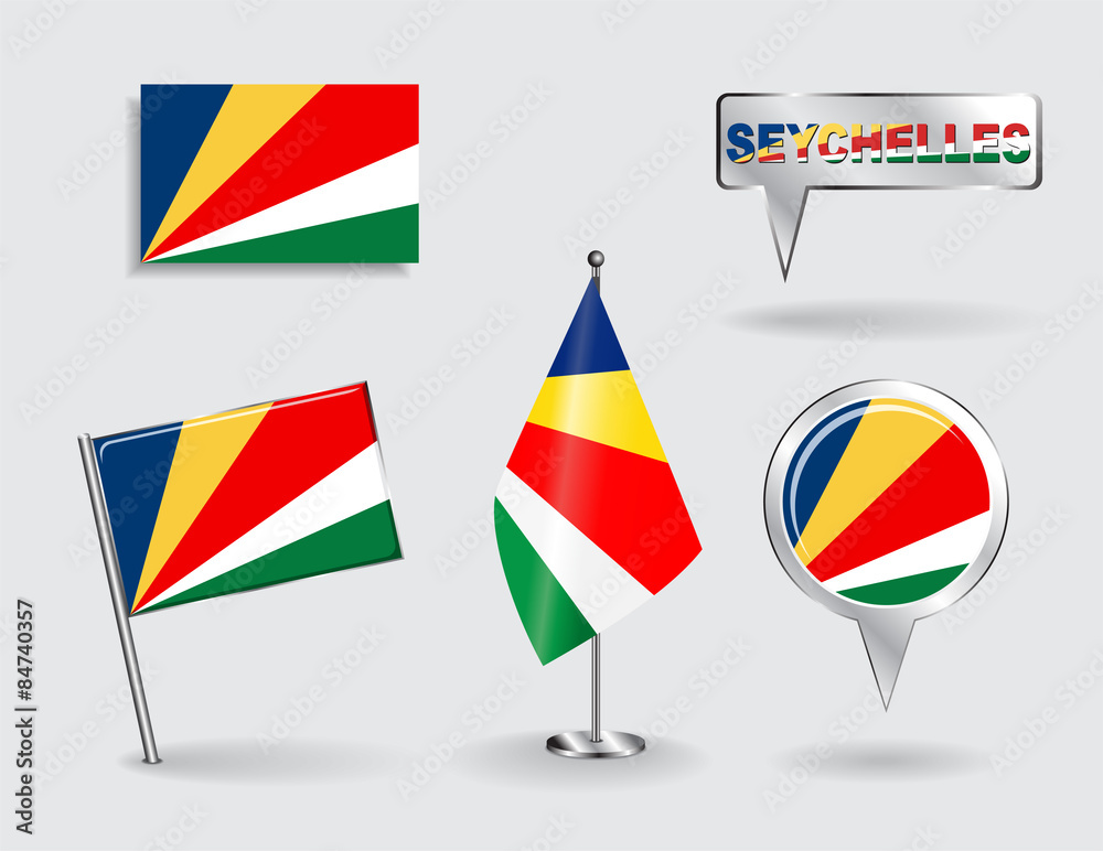 Set of Seychelles pin, icon and map pointer flags. Vector