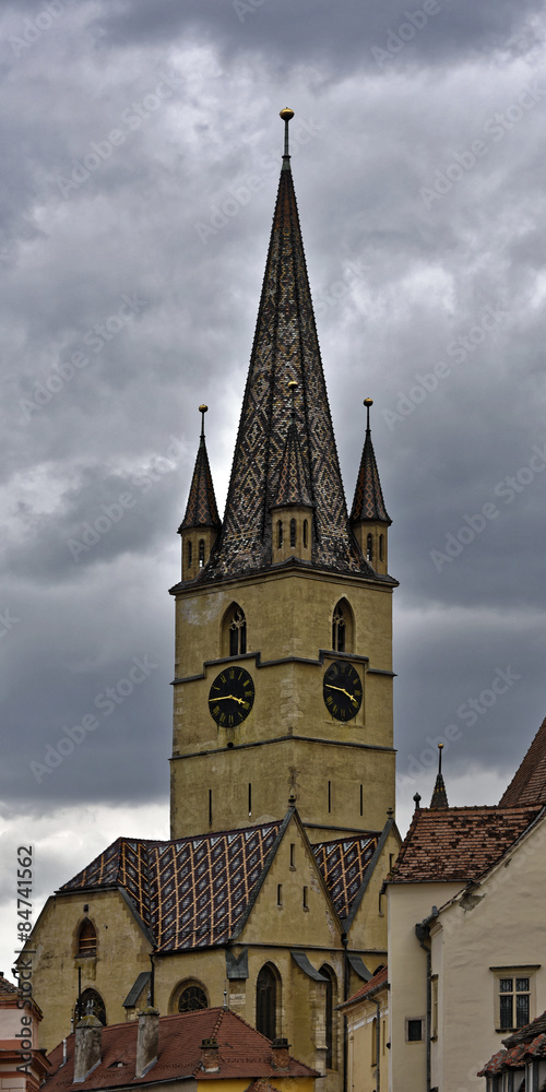 Obraz premium Evangelical Cathrdral, Sibiu, Romania, tower clock