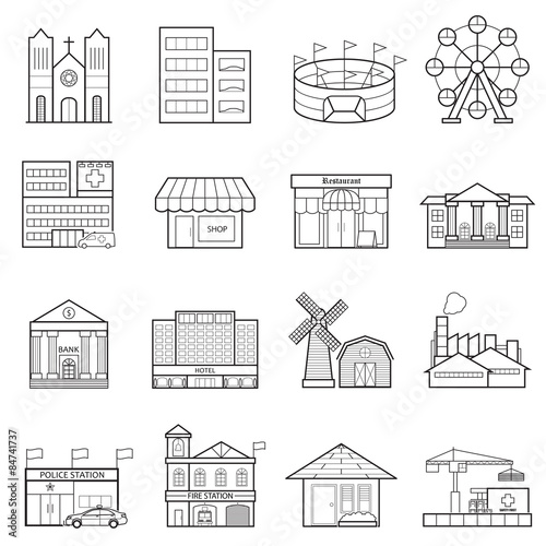 Buildings city line icon set