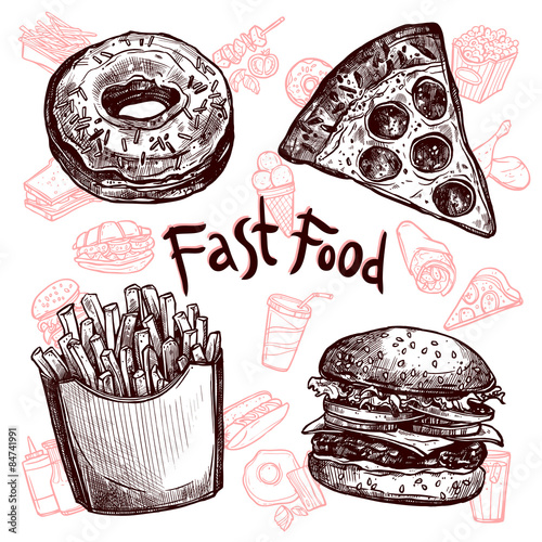 Fast food and drinks sketch set