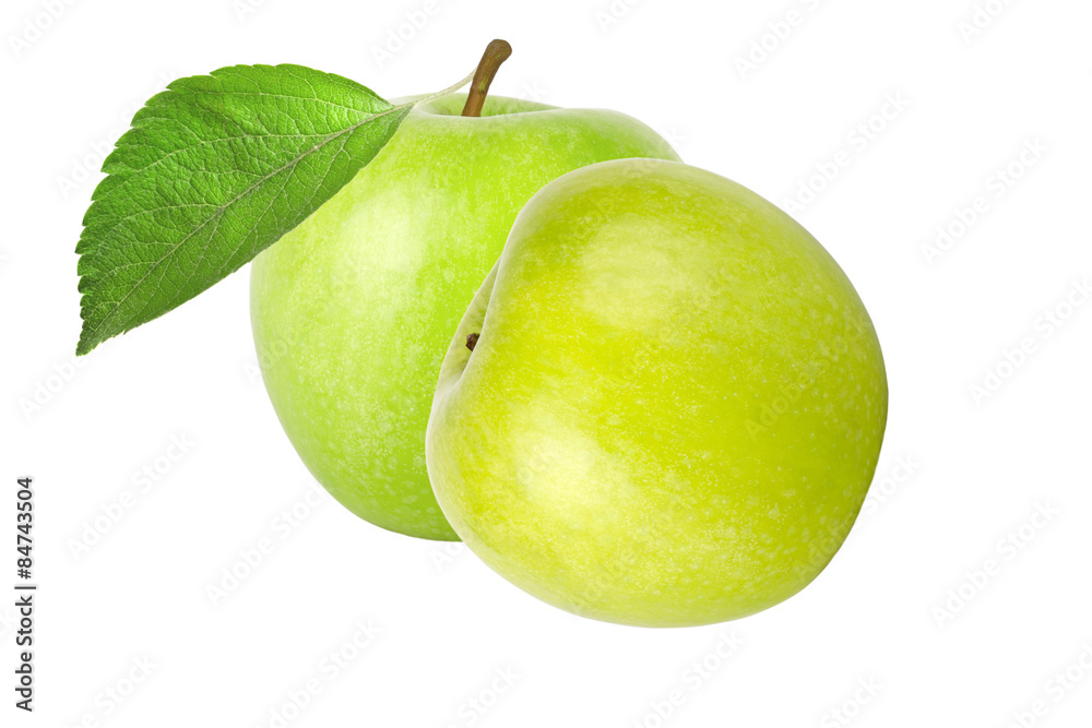 Two green apple with leaf isolated on white background