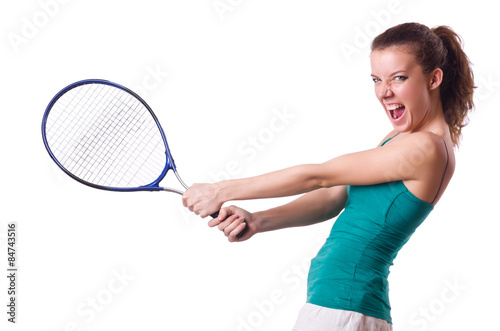 Woman tennis player isolated on white