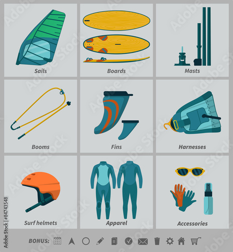 set of images about windsurfing in flat style 