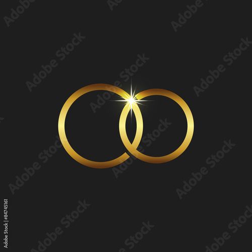 Wedding gold rings icon, mockup invitations card black background