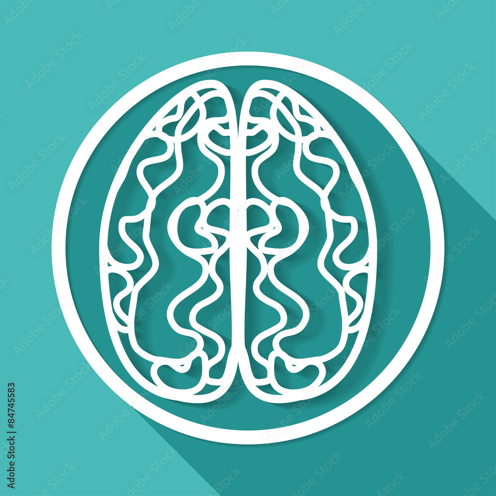 Icon brain on white circle with a long shadow Icon brain on white circle with a long shadow