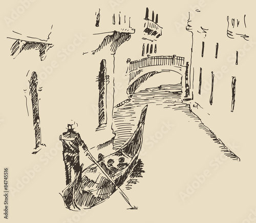 Streets Venice Italy with Gondola Vintage Engraved