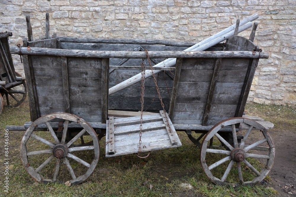 Old wooden waggon at the ancient Izborsk fortress