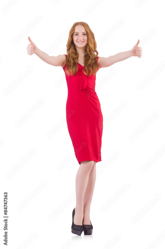 Pretty young girl in red dress isolated on white