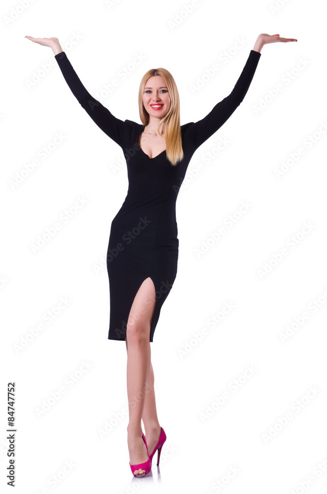 Young blonde girl in black dress holding isolated on white Young blonde girl in black dress holding isolated on white