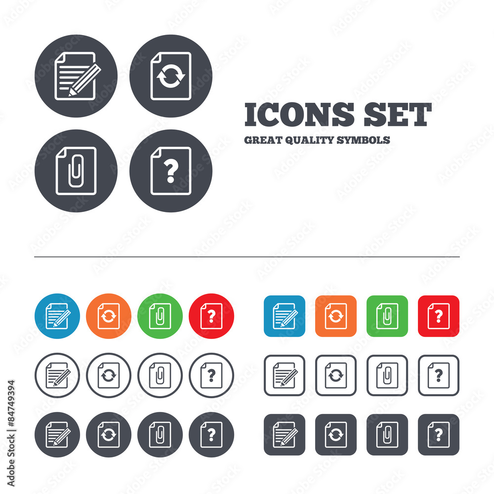 File edit icons. Question help signs. File edit icons. Question help signs.