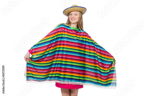 Pretty girl in mexican poncho isolated on white