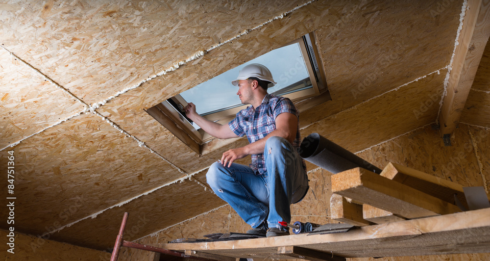 Builder Inspecting Skylight in Unfinished House