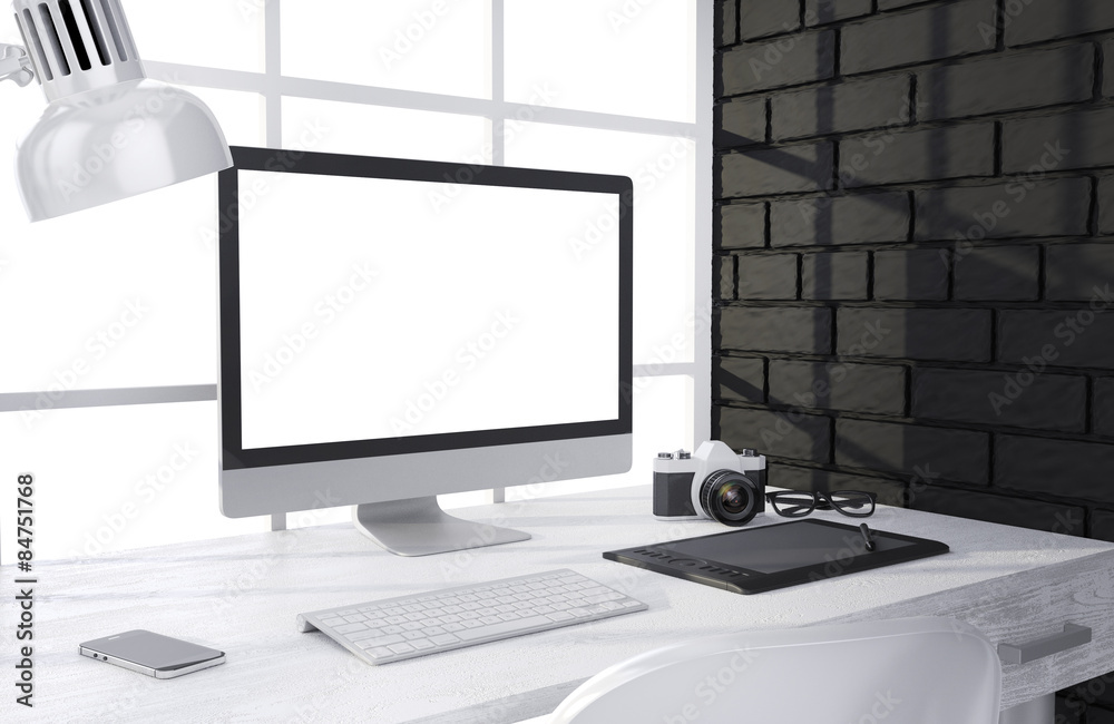 3D illustration PC screen on table in office, Workspace 3D illustration PC screen on table in office, Workspace