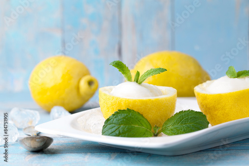 lemon sorbet ice cream with lemon slices dessert food photo