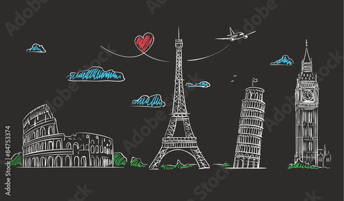 Hand drawn sights of Europe on blackboard.