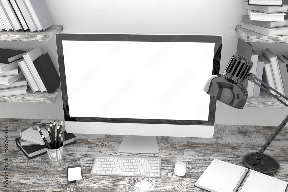 3D illustration PC screen on table in office, Workspace 3D illustration PC screen on table in office, Workspace