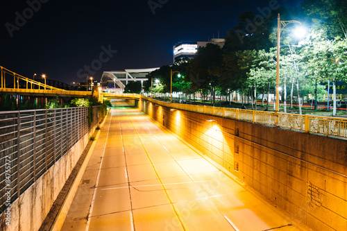 View of Fort Duquesne Boulevard at night, in Pittsburgh, Pennsyl