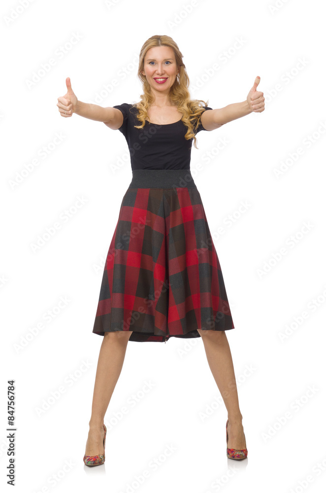 Fototapeta premium Beautiful young woman in plaid dress isolated on white