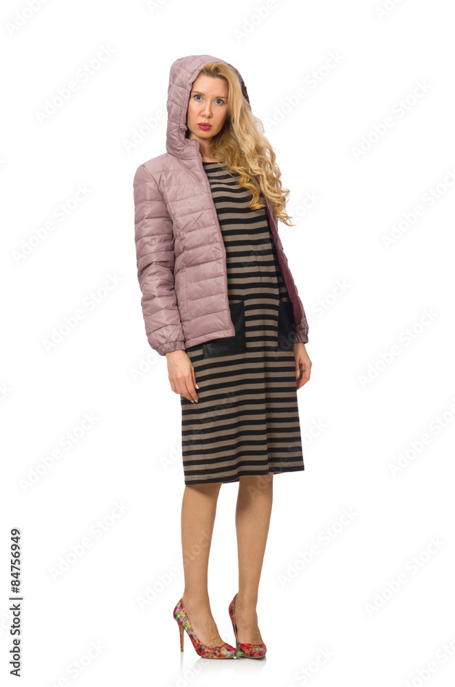 Pretty woman in winter lilac jacket isolated on white Pretty woman in winter lilac jacket isolated on white