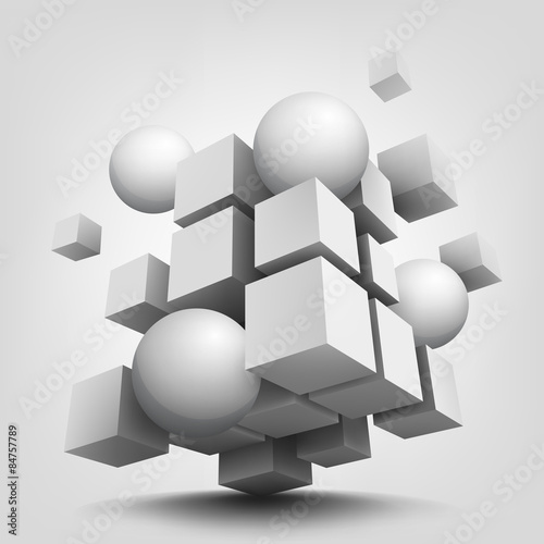 Composition with 3d cubes and spheres.