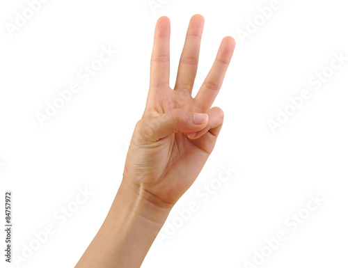 Girl hand showing three fingers isolated on a white background © jorgecachoh