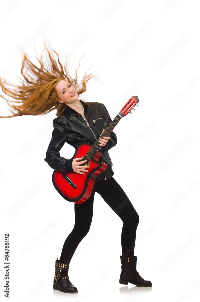 Pretty girl with guitar isolated on white