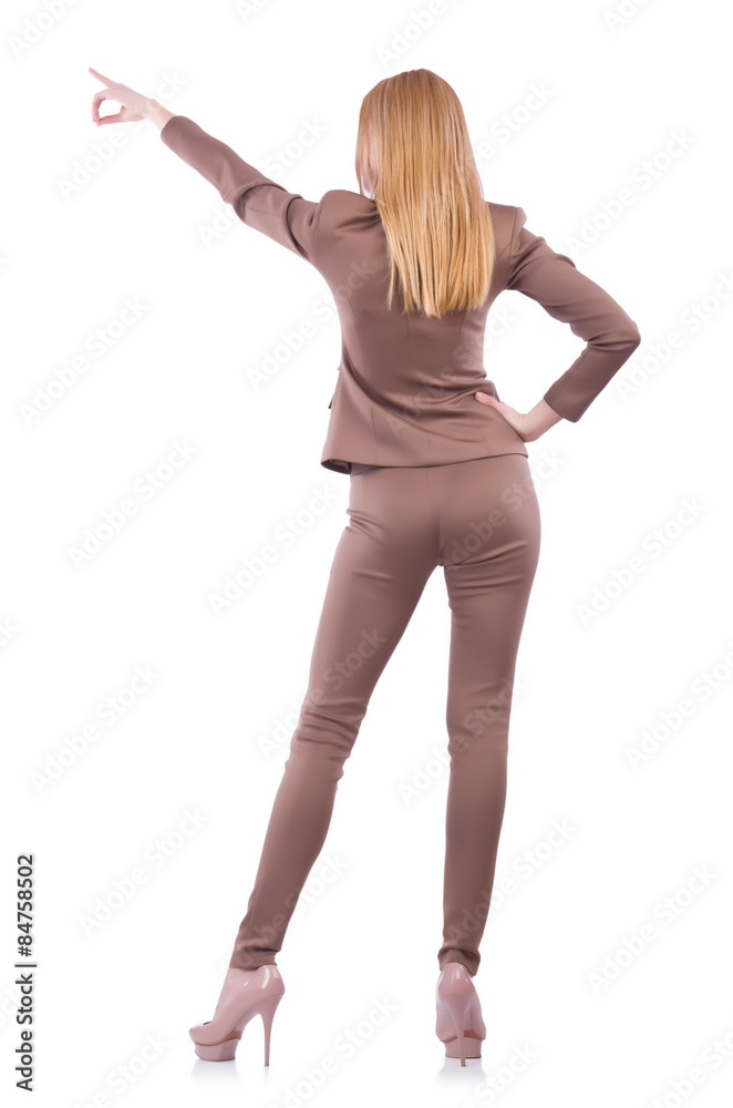 Young businesswoman pressing virtual button isolated on white Young businesswoman pressing virtual button isolated on white