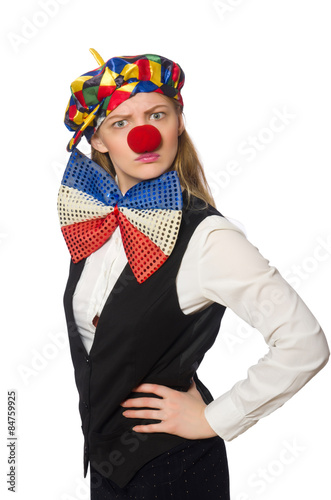 Pretty female clown isolated on white