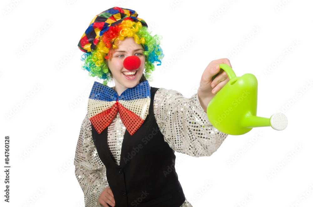 Female clown with watering can isolated on white Female clown with watering can isolated on white