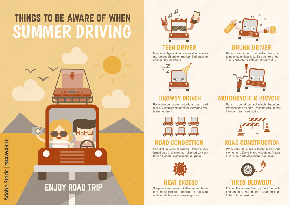infographics cartoon character safety driving tips in summer trip
