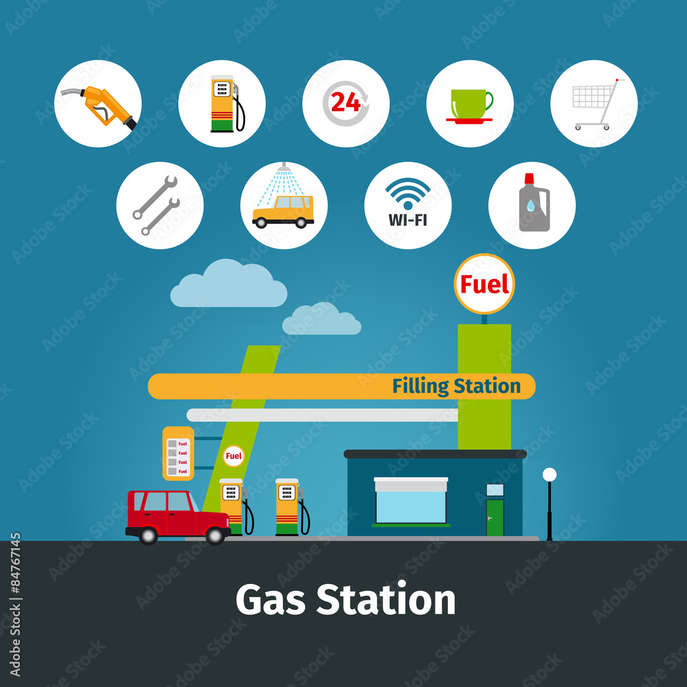 Gas station with flat icons Gas station with flat icons