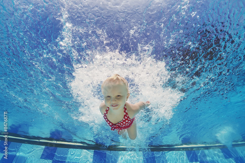 Baby girl swimming and diving in pool with fun - jumping deep down underwater with splashes Active lifestyle, water sports activity and exercising with parents during summer family vacation with child