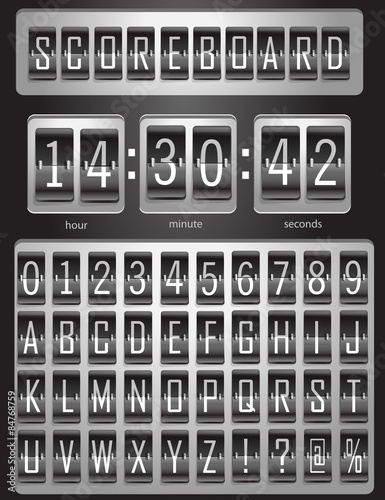 Scoreboard, sports board with a full set of English alphabet and numbers from 1 to 9 in black and white colors. Vector illustration