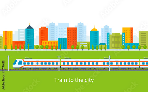 Train on railway with city background
