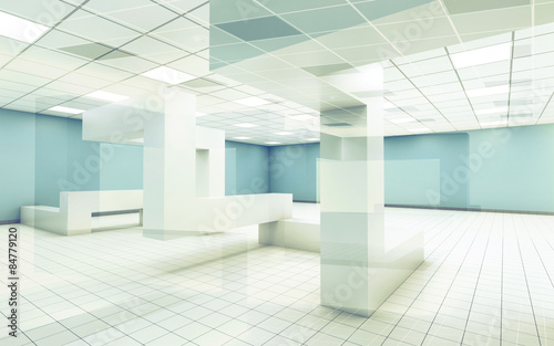 Office interior with chaotic geometric constructions, 3d