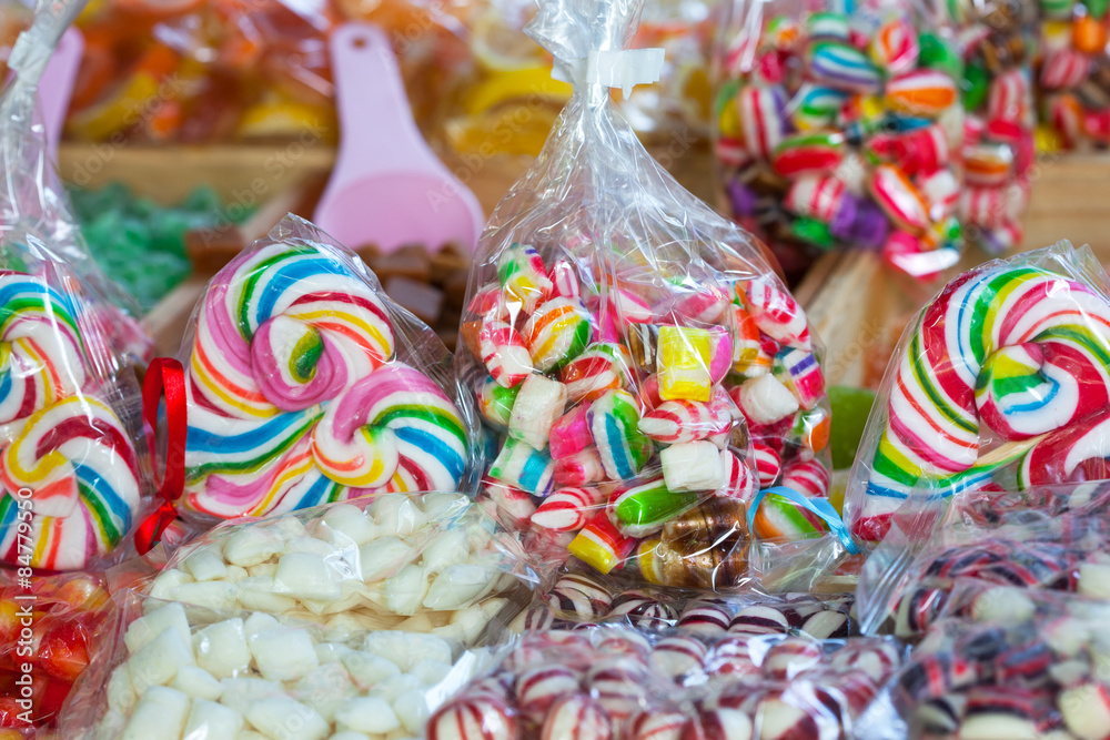 Mixed colorful candies and lolly pops