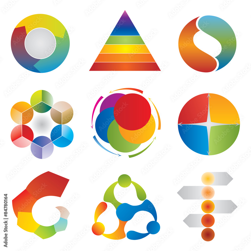 Ensemble d'Icones Diagrammes Graphiques Cercles - Pyramides - Flèches