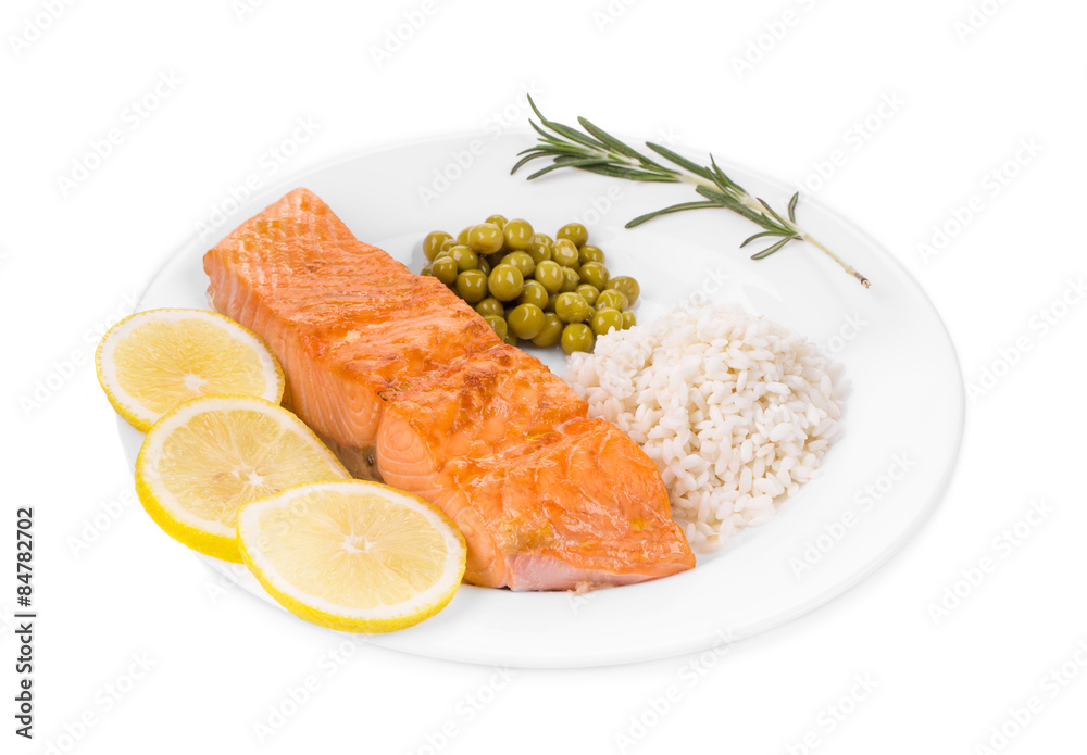 Grilled salmon fillet with risotto.