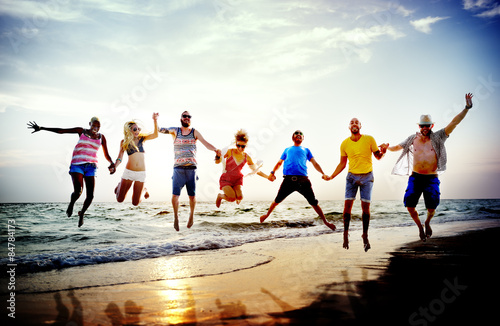 Diverse Beach Summer Friends Fun Jump Shot Concept