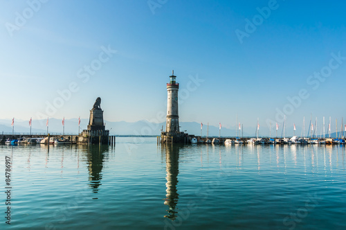 Harbor of Lindau at morning and lighthouse in lake Constance