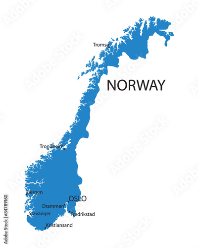 blue map of Norway with indication of largest cities