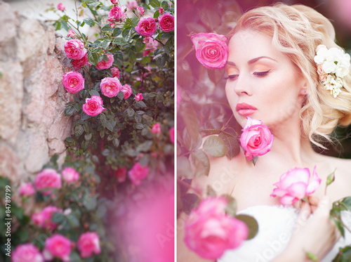 Fototapeta Naklejka Na Ścianę i Meble -  Attractive young bride posing near roses garden