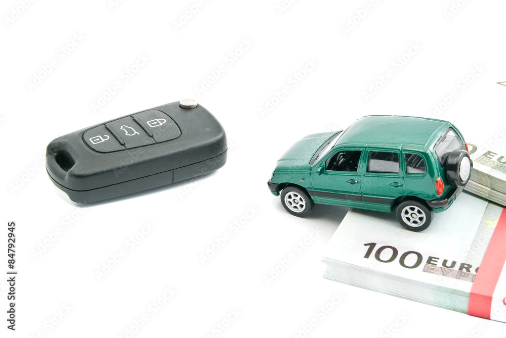 Green car, car keys and euro banknotes Green car, car keys and euro banknotes