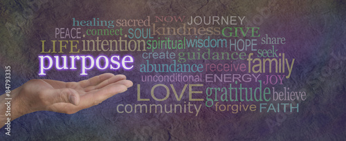What is Life's Purpose - male hand open palm upwards with the word Purpose floating above surrounded by a multicolored word cloud on a wide stone effect background
