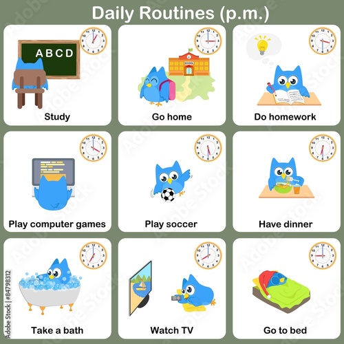 Daily Routines at p.m. sheet.  - Worksheet for education