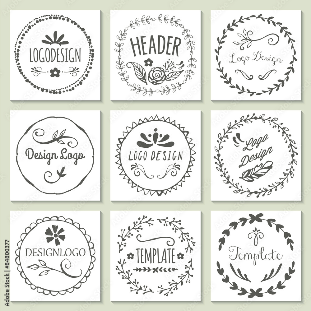 Hand drawing logo design with wreath and floral elements - obrazy, fototapety, plakaty 