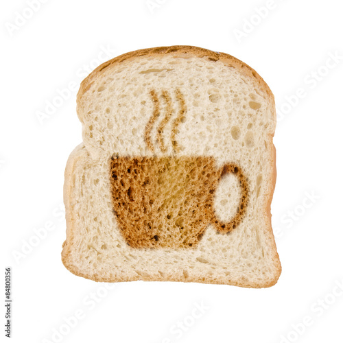 Toasted slice of bread cup of coffee, , isolated on white background
