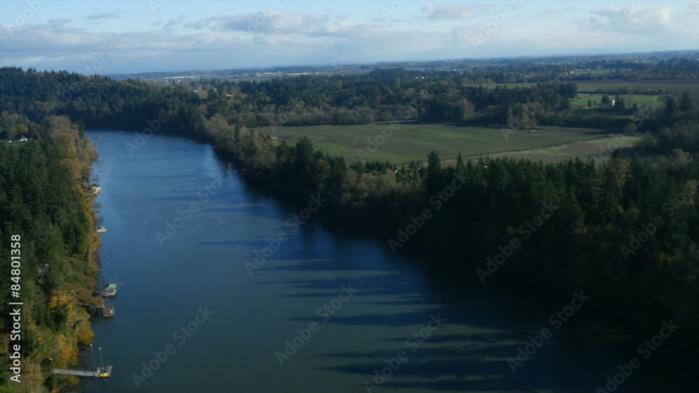 Aerial shot of Willamette River and Oregon farm land Aerial shot of Willamette River and Oregon farm land