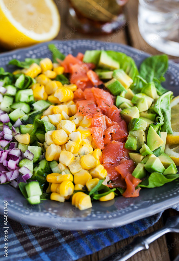 Salmon, avocado, corn, cucumber and onion salad Salmon, avocado, corn, cucumber and onion salad